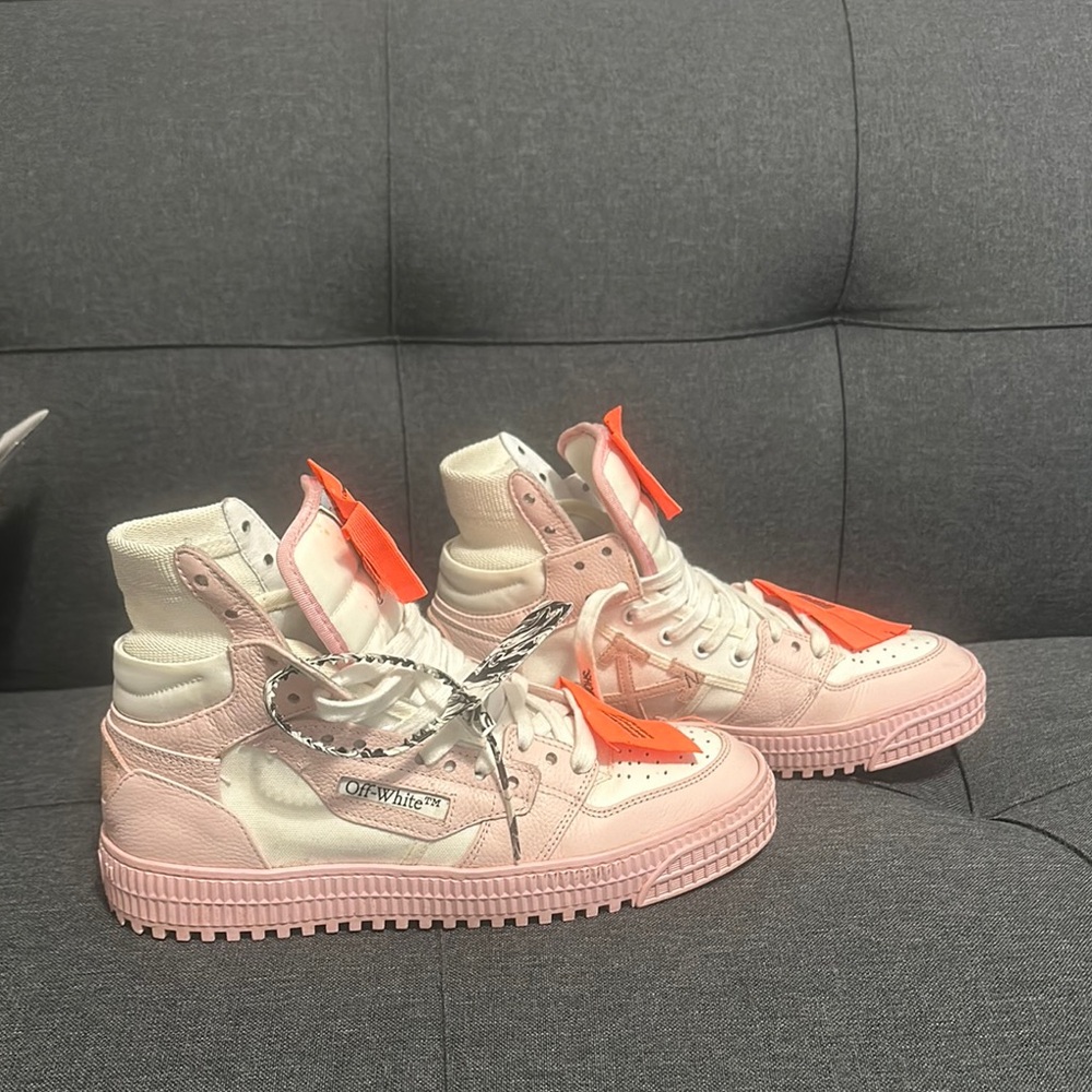 Off-White Pink and White High-Top Sneakers